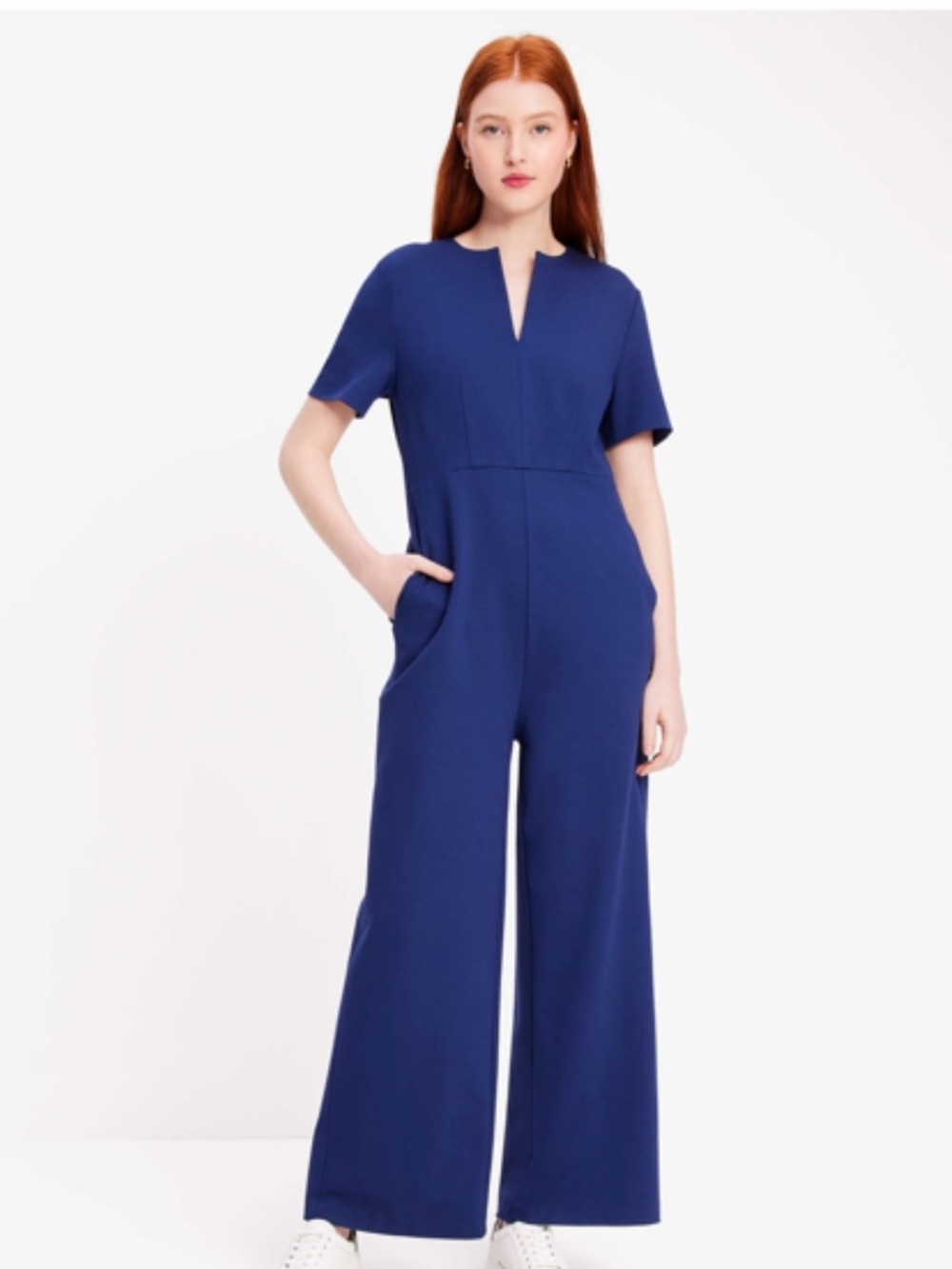 Kate Spade Split Neck Jumpsuit Size S Blue Modern Professional Effortless Chic